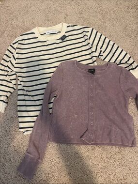 Striped Long-Sleeve Tee & Lavender Button  Set - Kids